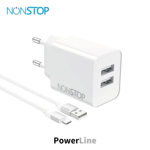מטען קיר 2 יציאות NONSTOP PowerLine 15W USB + כבל USB-A ל-USB-C
