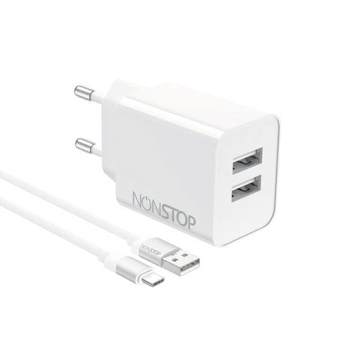 מטען קיר 2 יציאות NONSTOP PowerLine 15W USB + כבל USB-A ל-USB-C