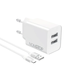 מטען קיר 2 יציאות NONSTOP PowerLine 15W USB + כבל USB-A ל-USB-C