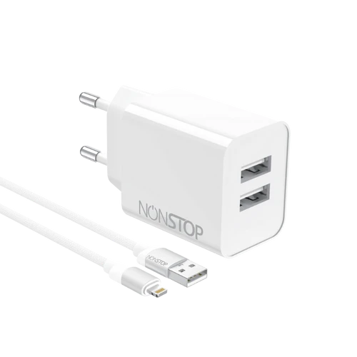 מטען קיר 2 יציאות NONSTOP PowerLine 15W USB + כבל USB-A ל-Lightning (צבע לבן)