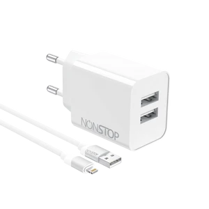 מטען קיר 2 יציאות NONSTOP PowerLine 15W USB + כבל USB-A ל-Lightning (צבע לבן)