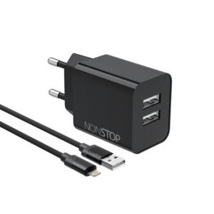 מטען קיר 2 יציאות NONSTOP PowerLine 15W USB + כבל USB-A ל-Lightning (צבע שחור)