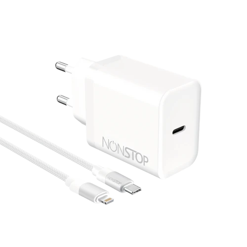 מטען קיר לבן NONSTOP PowerLine PD 20W+כבל USB-C to Lightning