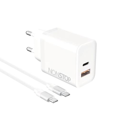 מטען קיר לבן 2 יציאות NONSTOP PowerLine PD 25W + כבל  USB-C
