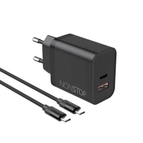 מטען קיר שחור 2 יציאות NONSTOP PowerLine PD 25W + כבל USB-C