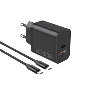 מטען קיר שחור 2 יציאות NONSTOP PowerLine PD 25W + כבל USB-C