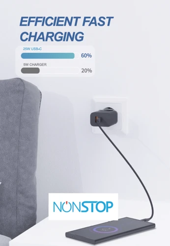 מטען קיר שחור 2 יציאות NONSTOP PowerLine PD 25W + כבל USB-C ל-Lightning