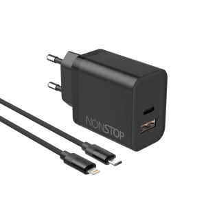 מטען קיר שחור 2 יציאות NONSTOP PowerLine PD 25W + כבל USB-C ל-Lightning