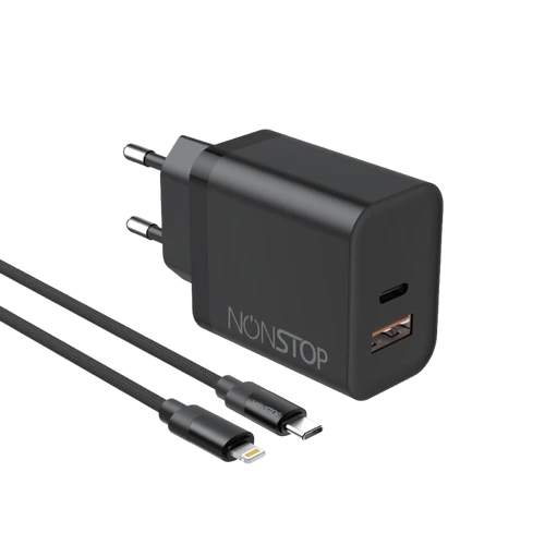 מטען קיר שחור 2 יציאות NONSTOP PowerLine PD 25W + כבל USB-C ל-Lightning