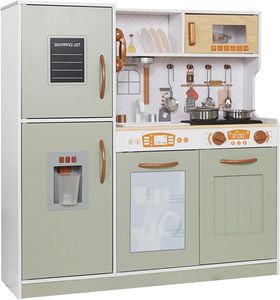 מטבח רוני מעץ לילדים עם תאורה, מכונת קרח אלקטרונית ו 12 אביזרי משחק