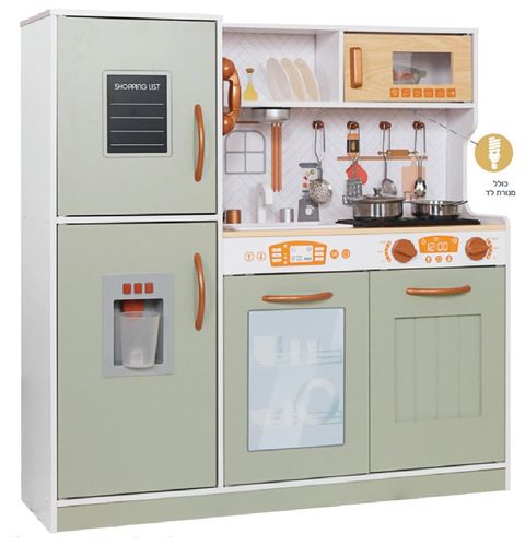 מטבח רוני מעץ לילדים עם תאורה, מכונת קרח אלקטרונית ו 12 אביזרי משחק
