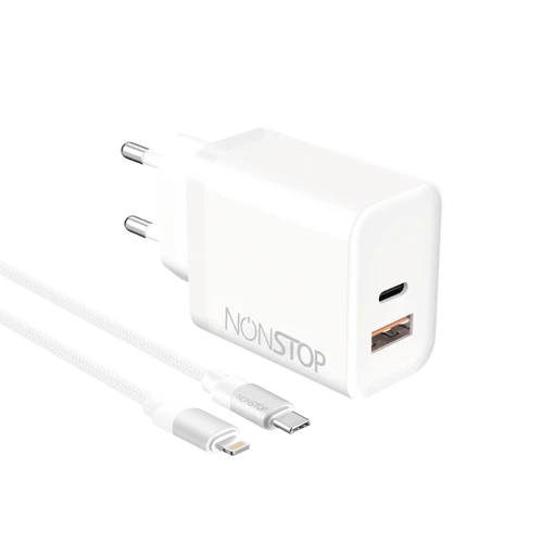 מטען קיר לבן 2 יציאות NONSTOP PowerLine PD 25W + כבל USB-C ל Lightning