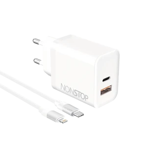 מטען קיר לבן 2 יציאות NONSTOP PowerLine PD 25W + כבל USB-C ל Lightning