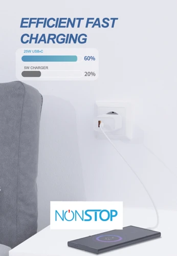 מטען קיר לבן 2 יציאות NONSTOP PowerLine PD 25W + כבל USB-C ל Lightning
