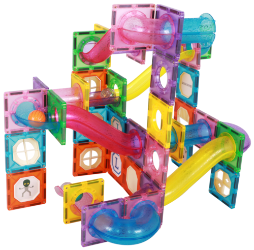 משחק מסלול כדורים מגנטי להרכבה + 4 כדורי LED זוהרים 110 חלקים Giromag