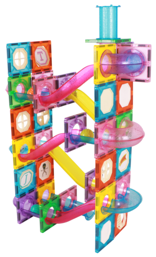 משחק מסלול כדורים מגנטי להרכבה + 4 כדורי LED זוהרים 110 חלקים Giromag