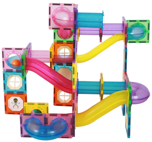 משחק מסלול כדורים מגנטי להרכבה + 4 כדורי LED זוהרים 110 חלקים Giromag