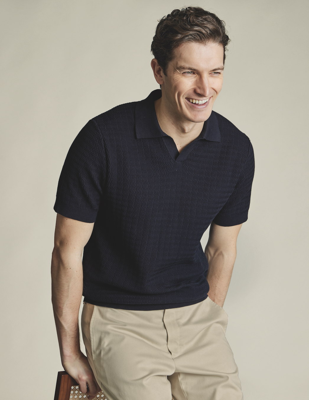 חולצת פולו - Navy Zig Zag Short Sleeve Knitted Cotton Trophy Neck Polo