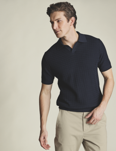חולצת פולו - Navy Zig Zag Short Sleeve Knitted Cotton Trophy Neck Polo