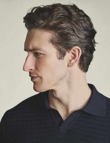חולצת פולו - Navy Zig Zag Short Sleeve Knitted Cotton Trophy Neck Polo