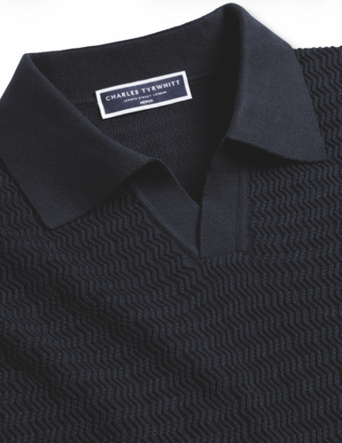 חולצת פולו - Navy Zig Zag Short Sleeve Knitted Cotton Trophy Neck Polo
