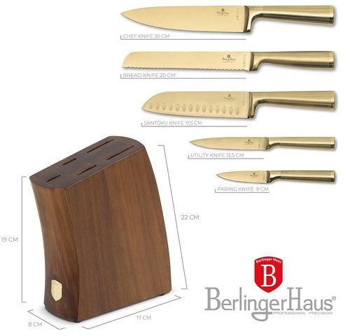 סט סכינים זהב עם מעמד עץ אקציה Berlinger Haus BH3125