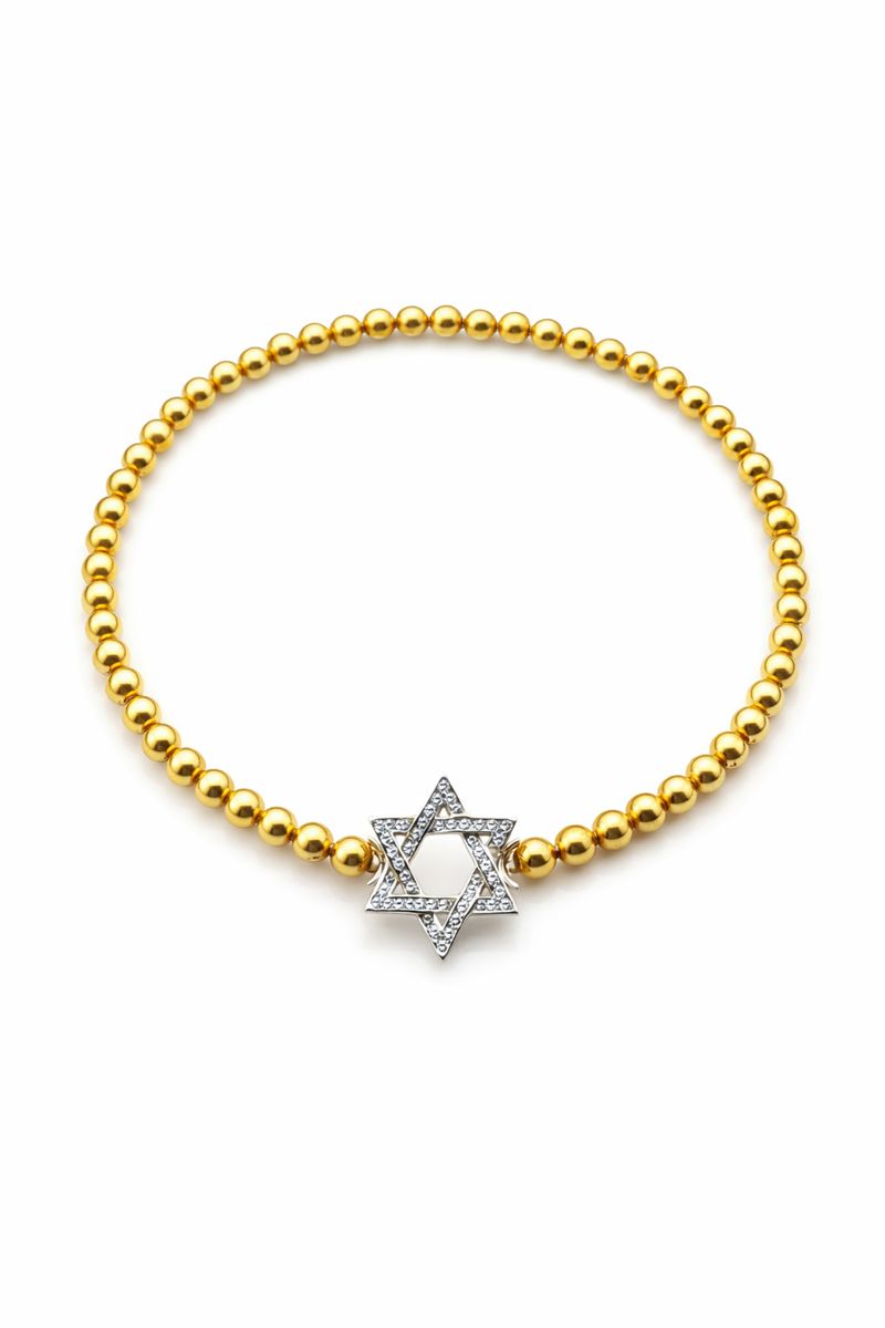 צמיד חרוזים זהב צהוב 14 קראט עם מגן דוד משובץ