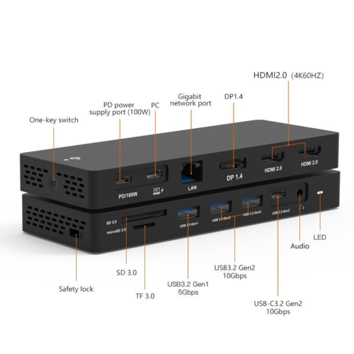 תחנת עגינה רב-תכליתית USB-C עם חיבור מהיר 10GBps