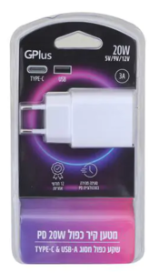 מטען קיר כפול עם 2 יציאות USB/TYPE C לבן GPlus 3A 20W