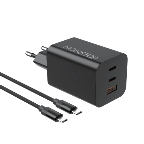 מטען קיר שחור 3 יציאות NONSTOP PowerLine 65W USB-C PD + כבל USB-C