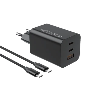 מטען קיר שחור 3 יציאות NONSTOP PowerLine 65W USB-C PD + כבל USB-C
