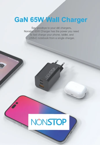 מטען קיר שחור 3 יציאות NONSTOP PowerLine 65W USB-C PD + כבל USB-C