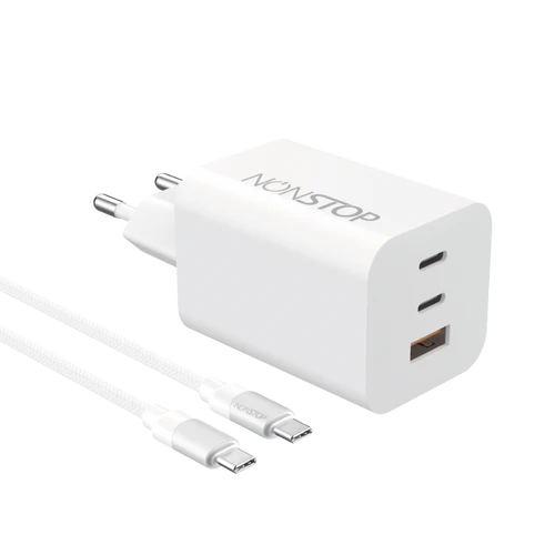 מטען קיר לבן 3 יציאות NONSTOP PowerLine 65W USB-C PD + כבל USB-C