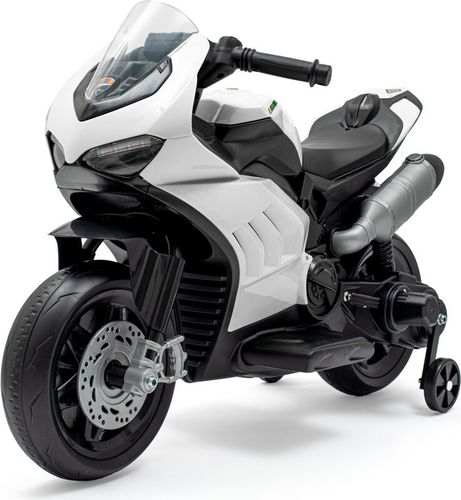 אופנוע ממונע לילדים 12V עם גלגלי עזר ניתנים להסרה, תאורה ואפקטים קוליים - לבן