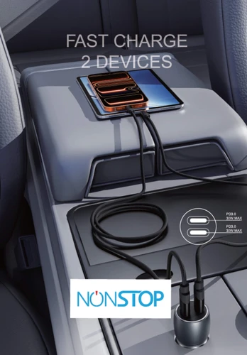 מטען רכב 2 יציאות NONSTOP PowerLine 2×PD 60W + כבל USB-C to Lightning