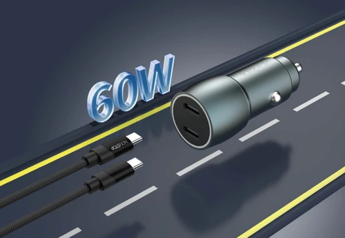 מטען רכב 2 יציאות NONSTOP PowerLine 2×PD 60W + כבל USB-C to Lightning