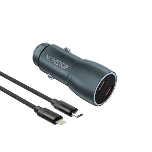מטען רכב 2 יציאות NONSTOP PowerLine 2×PD 60W + כבל USB-C to Lightning
