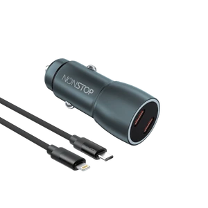 מטען רכב 2 יציאות NONSTOP PowerLine 2×PD 60W + כבל USB-C to Lightning