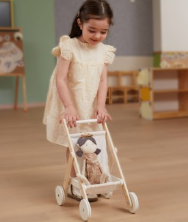 עגלת עץ מתקפלת לבובה עם גלגלים שקטים - לבן 3