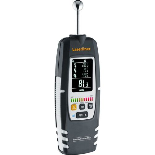 מד לחות אלקטרוני MultiWet-Finder Plus Laserliner 082.091A - מכשיר מדידה מקצועי לזיהוי נזקי לחות בקירות ורצפות עם תצוגה דיגיטלית וחיישן אקלים מובנה