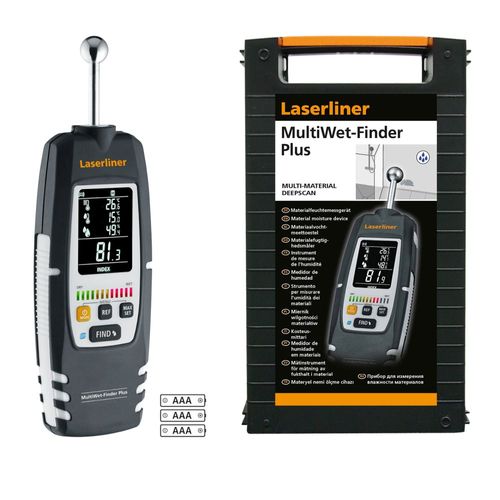 מד לחות אלקטרוני MultiWet-Finder Plus Laserliner 082.091A - מכשיר מדידה מקצועי לזיהוי נזקי לחות בקירות ורצפות עם תצוגה דיגיטלית וחיישן אקלים מובנה