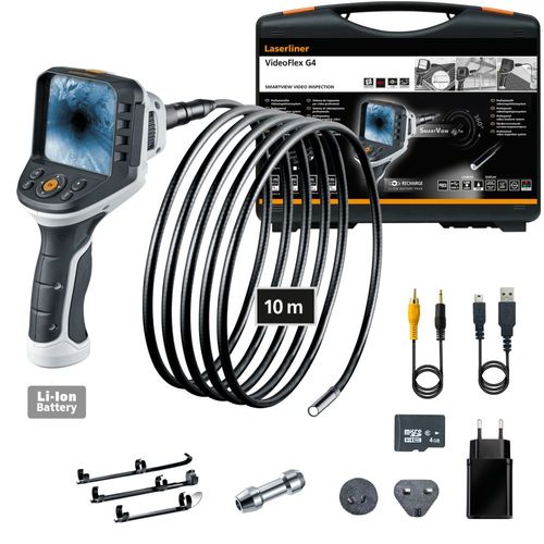 מערכת בדיקה ויזואלית VideoFlex G4 Ultra Laserliner דגם 082.240A - מכשיר מקצועי עם מסך צבע 3.5 אינץ', כבל גמיש 10 מטר ומצלמה 9 מ