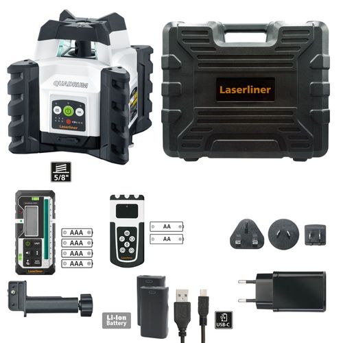 לייזר מסתובב Laserliner Quadrum Compact GT M300 S דגם 053.650A - מערכת לייזר ירוק מתקדמת עם מקלט מילימטרי ופונקציית מעקב אוטומטית לעבודות יישור מדויקות