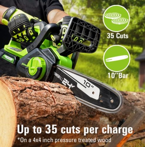 מסור שרשרת נטען GREENWORKS דגם 99701-2 עם להב OREGON 10 אינץ', שתי סוללות 2 אמפר ומטען מהיר - מצויד בשימון אוטומטי ומערכות בטיחות למקצועיות מרבית בגיזום ותחזוקת גינה