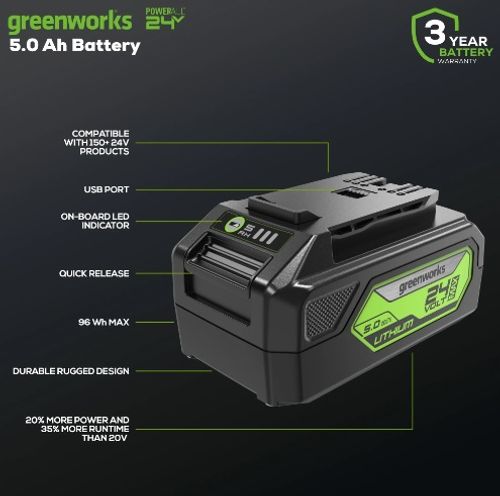 סוללת ליתיום GREENWORKS 99588-1 24V 5 אמפר - סוללה נטענת עם יציאת USB מובנית ומחוון טעינה דיגיטלי לכלי עבודה מקצועיים