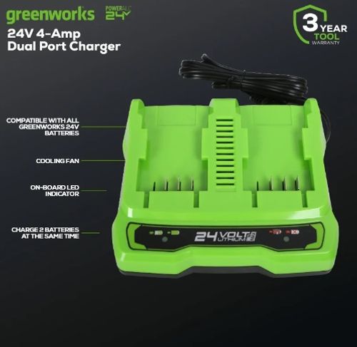 מטען מהיר כפול GREENWORKS 99594-1 A4 - מטען 24V עם שני תאי טעינה עצמאיים וזרם טעינה 4 אמפר לטעינה מהירה של סוללות GREENWORKS