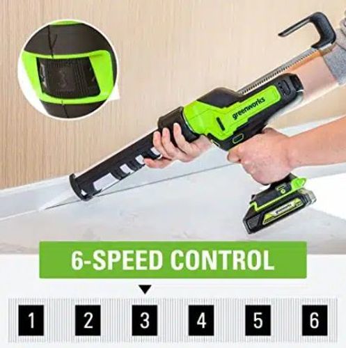 אקדח הזרקה נטען GREENWORKS דגם 99637-1 24V עם כוח דחיקה 2900 ניוטון, 6 מצבי מהירות, מנגנון מניעת טפטוף ותאורת LED מובנית - מושלם לעבודות איטום והדבקה מקצועיות