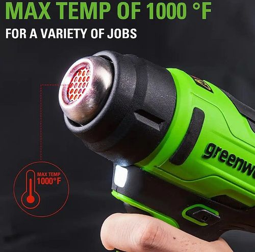 אקדח חום נטען GREENWORKS דגם 99630 24V - חימום מיידי ל-500+ מעלות תוך 9 שניות, נעילת הדק בטיחותית, תאורת LED מובנית ווו תליה נוח לעבודות מקצועיות