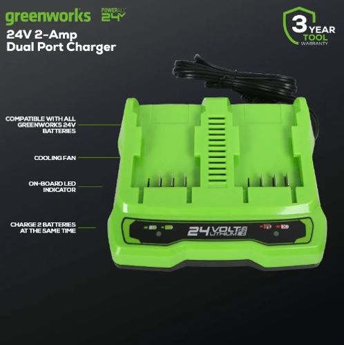 מטען מהיר כפול GREENWORKS דגם 99594 - שני תאי טעינה עצמאיים לסוללות 24V עם חיווי LED ומערכות הגנה מתקדמות לטעינה מהירה ובטוחה