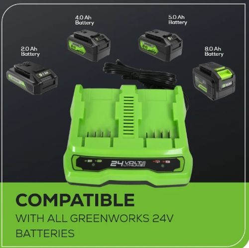 מטען מהיר כפול GREENWORKS דגם 99594 - שני תאי טעינה עצמאיים לסוללות 24V עם חיווי LED ומערכות הגנה מתקדמות לטעינה מהירה ובטוחה